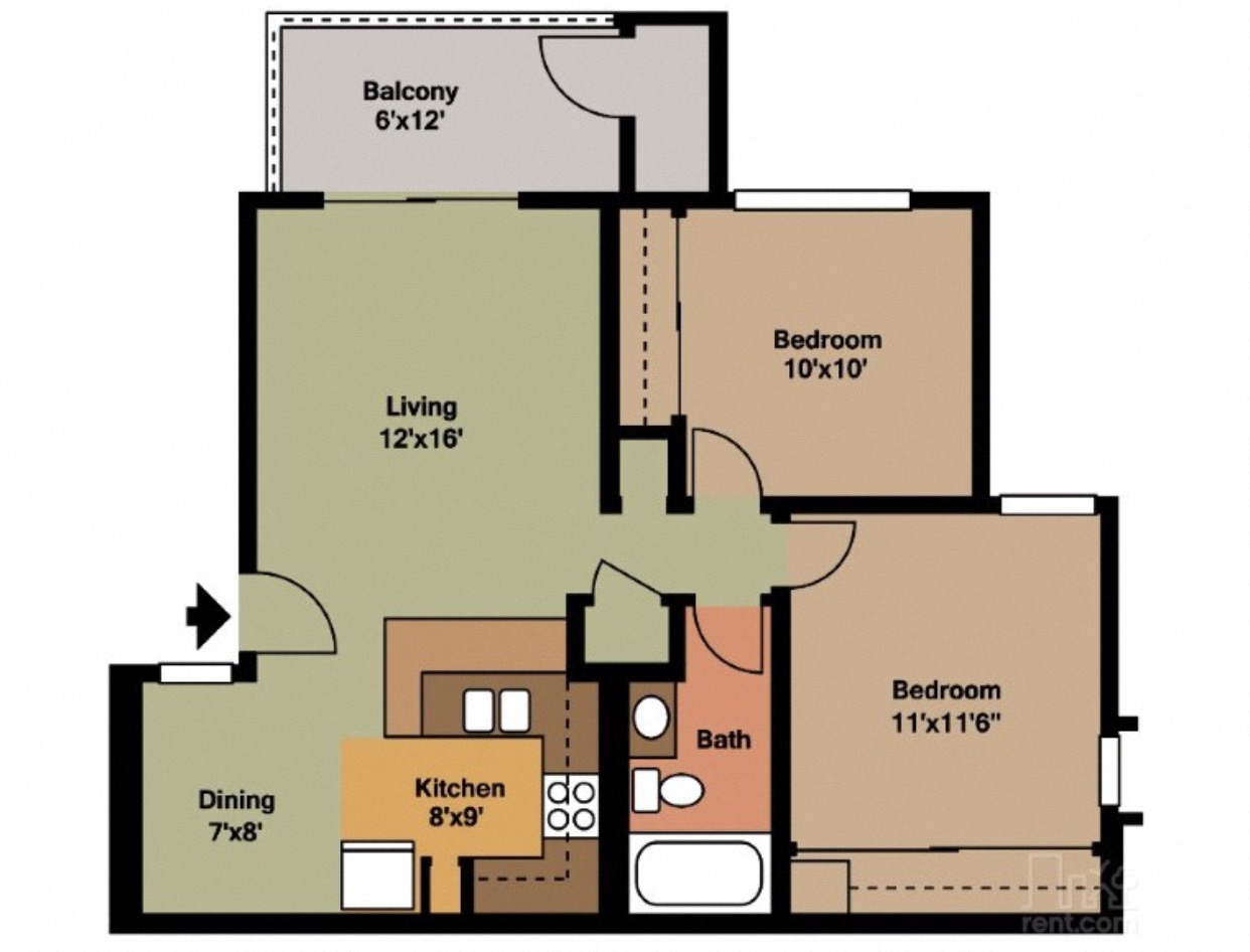 Floor plan for 2 beds, 1 bath, 739 sqft